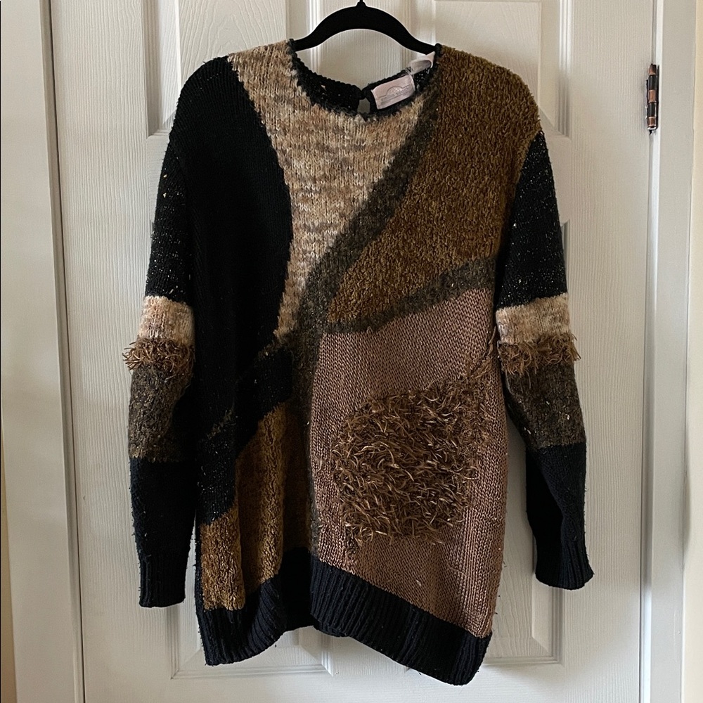 Vintage 1980s 1990s mixed media sweater brown black tan gold
